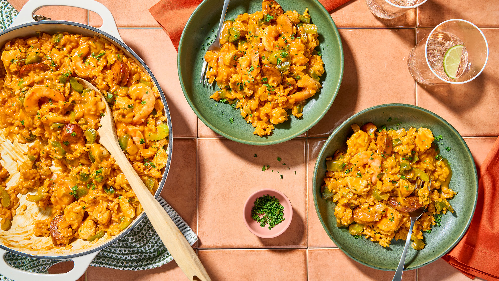 Image of prepared Creamy One-Pot Risotto-Style Jambalaya made with chicken, Cajun seasoning, andouille sausage, rice, Pacific Foods® Organic Low Sodium Free Range Chicken Broth, Pacific Foods® Organic Spicy Garden Tomato Soup and shrimp.